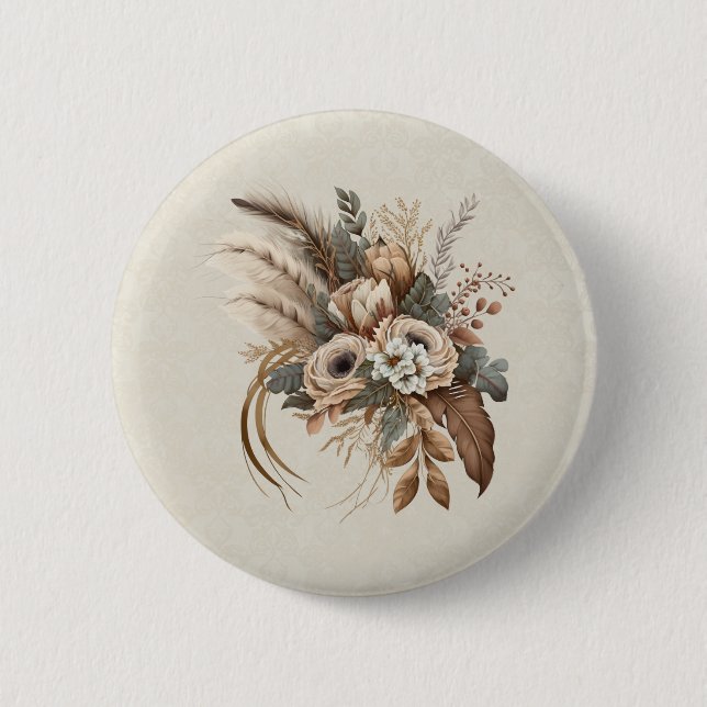 Elegant Flowers Foliage and Feathers 2 Inch Round Button (Front)