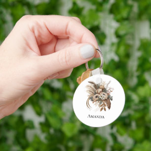 Elegant Flowers Foliage and Feathers Keychain
