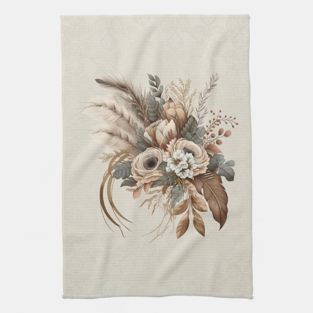 Elegant Flowers Foliage and Feathers Kitchen Towel (Vertical)