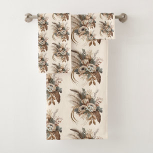 Elegant Flowers Foliage and Feathers Pattern Bath Towel Set
