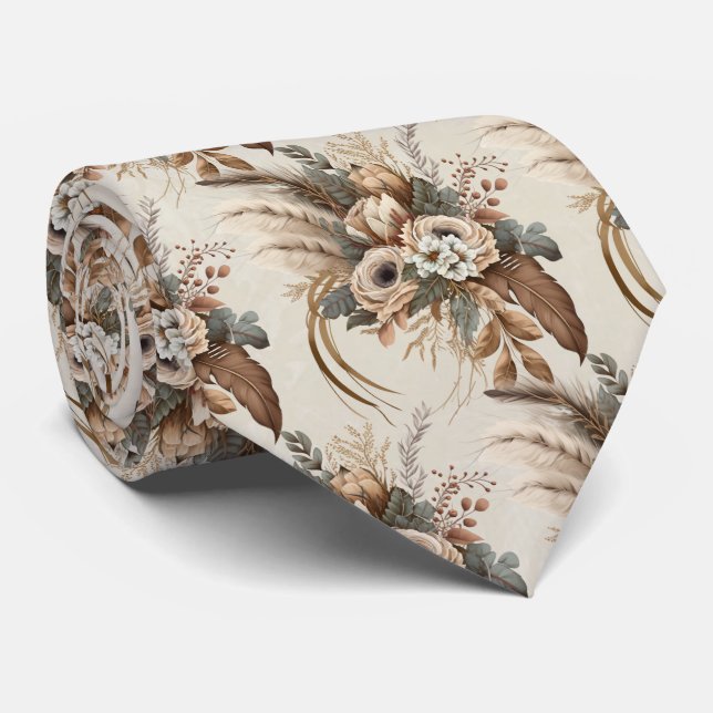 Elegant Flowers Foliage and Feathers Pattern Tie (Rolled)