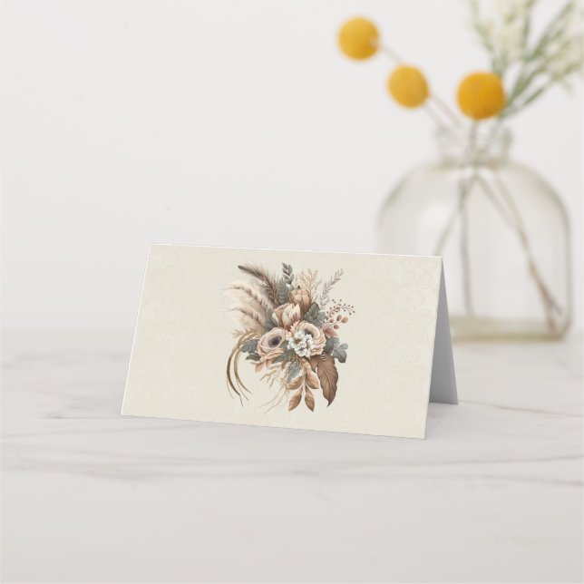Elegant Flowers Foliage and Feathers Place Card (Front)