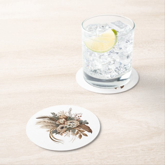 Elegant Flowers Foliage and Feathers Round Paper Coaster (Insitu)