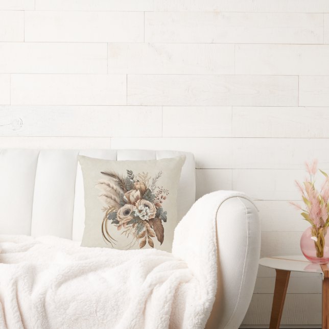 Elegant Flowers Foliage and Feathers Throw Pillow (Couch)