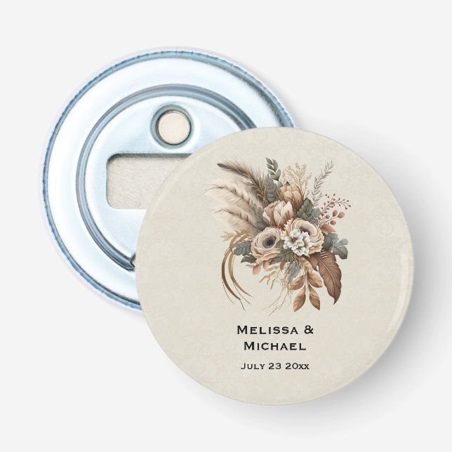 Elegant Flowers Foliage and Feathers Wedding Bottle Opener (Front)