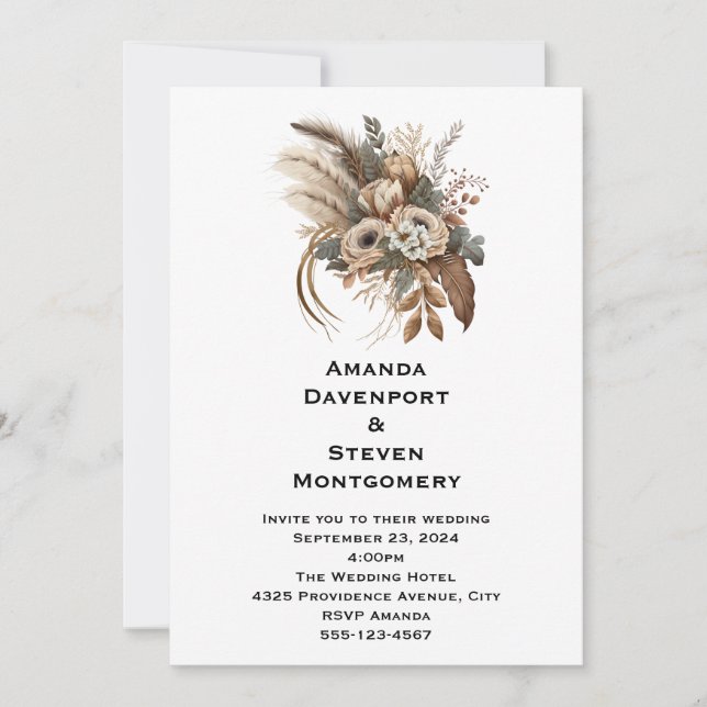Elegant Flowers Foliage and Feathers Wedding Invitation (Front)