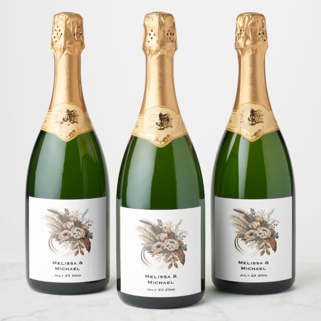 Elegant Flowers Foliage and Feathers Wedding Sparkling Wine Label (Bottles)