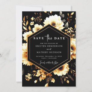 Elegant Flowers Gold and Black Wedding Save The Date
