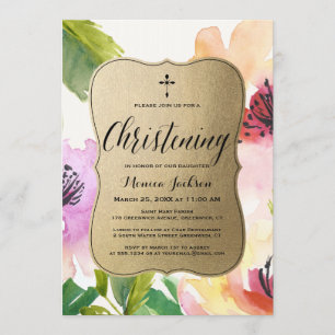 Elegant Flowers Gold Christening Invitation