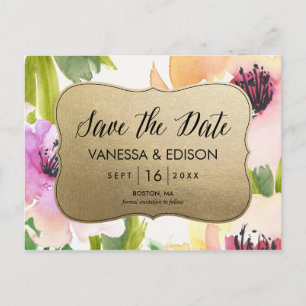 Elegant Flowers Gold Save the Date Announcement Postcard