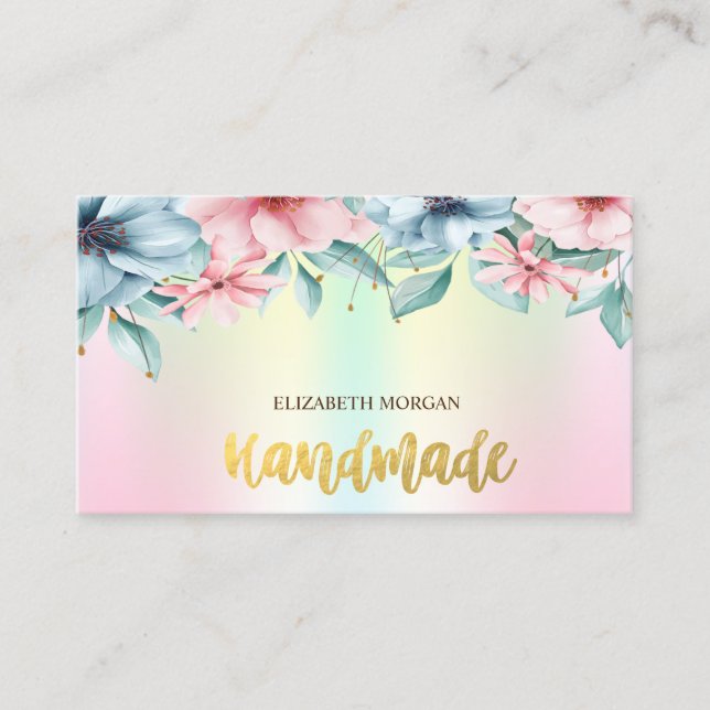 Elegant Flowers Holographic Handmade Business Card (Front)