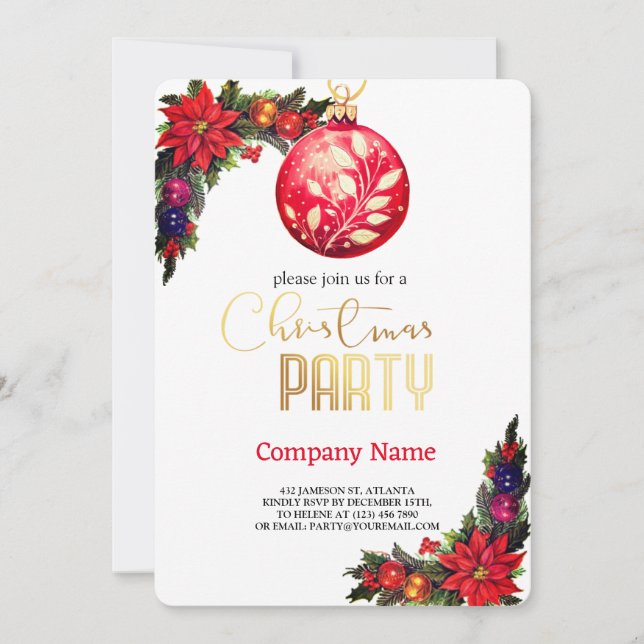 Elegant flowers, Magical Christmas Red Ornaments Invitation (Front)