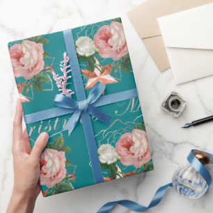 Elegant flowers Merry Christmas rose gold glitter Wrapping Paper