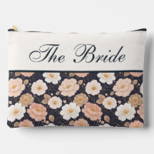Elegant Flowers on Dark Navy Bride Makeup Bag