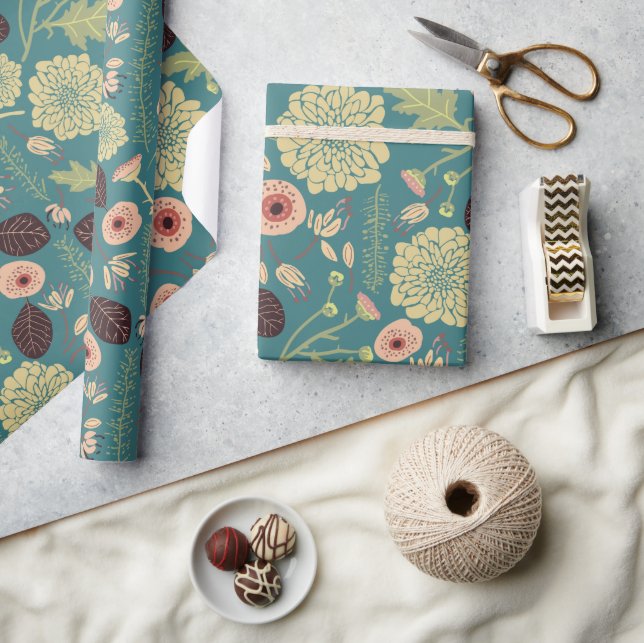 Elegant Flowers Pink Green Floral Pattern Wrapping Paper (Crafts)