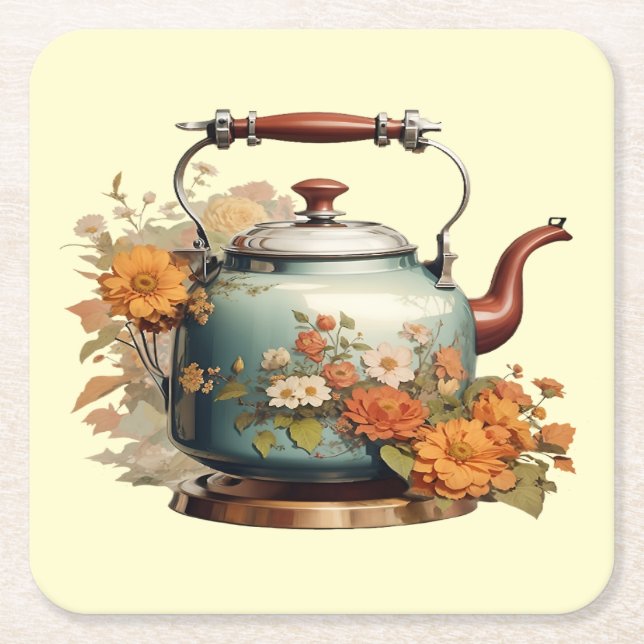 Elegant Flowers Tea Pot Coffee Cute Drink Setting  Square Paper Coaster (Front)