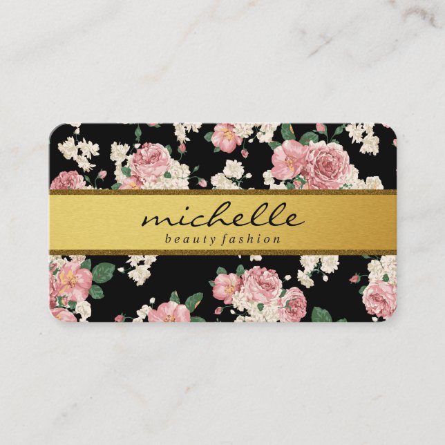 Elegant Flowers Vintage Gold Band Business Card (Front)