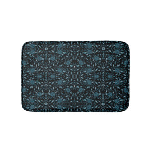 Elegant Flowery Black and Teal Damask Bath Mat