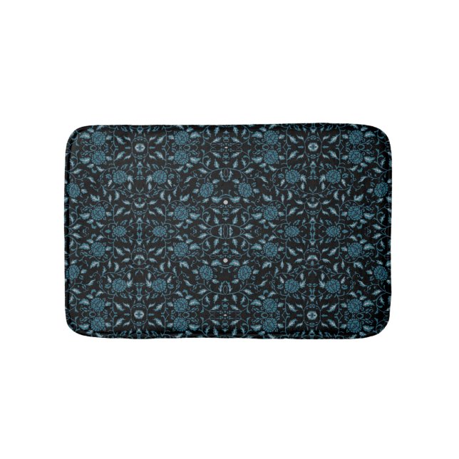 Elegant Flowery Black and Teal Damask Bath Mat (Front)