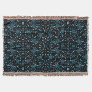 Elegant Flowery Black and Teal Damask Throw Blanket