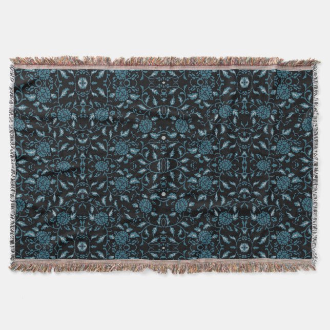 Elegant Flowery Black and Teal Damask Throw Blanket (Front)