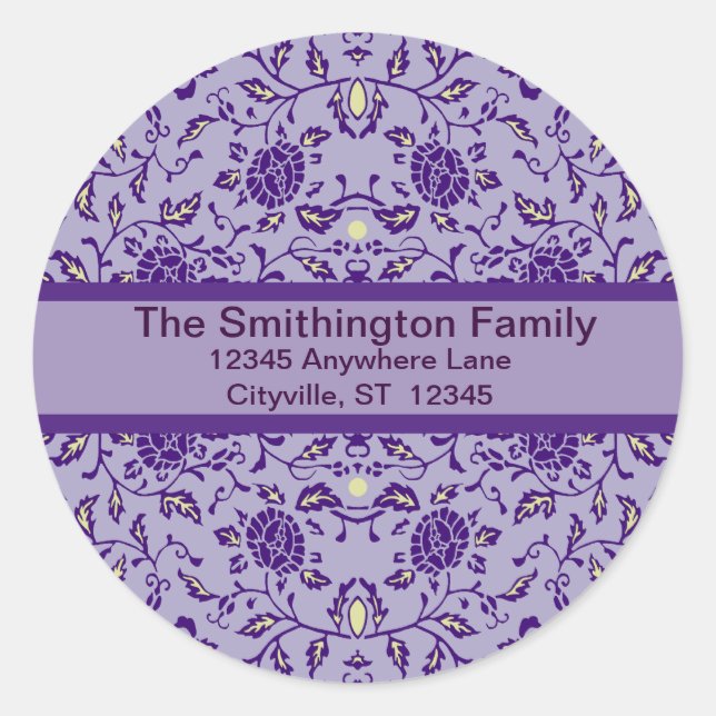 Elegant Flowery Purple Damask Classic Round Sticker (Front)