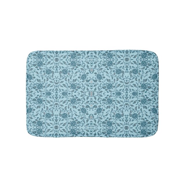 Elegant Flowery Teal Damask Bath Mat (Front)