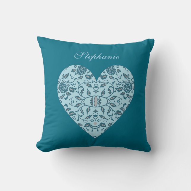 Elegant Flowery Teal Damask Heart Throw Pillow (Front)
