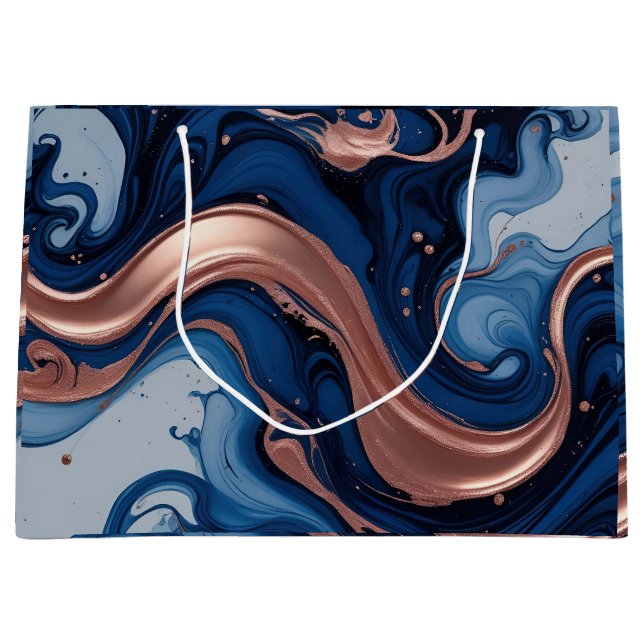 Elegant Fluid Art with Copper and Blue Swirls Large Gift Bag (Front)