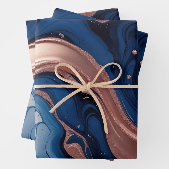 Elegant Fluid Art with Copper and Blue Swirls Wrapping Paper Sheet (In situ)
