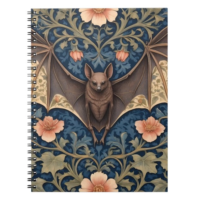 Elegant Flying Bat William Morris Inspired Floral Notebook (Front)