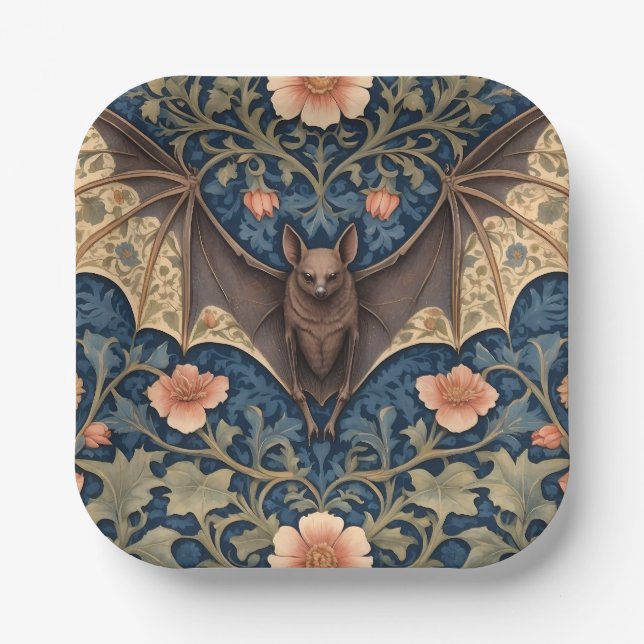 Elegant Flying Bat William Morris Inspired Floral Paper Plate (Front)