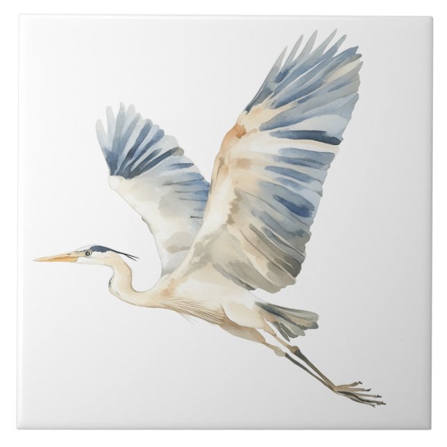 Elegant Flying Blue Heron White Tile (Front)