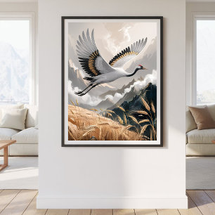 Elegant Flying Crane Over Golden Wheat Landscape Poster