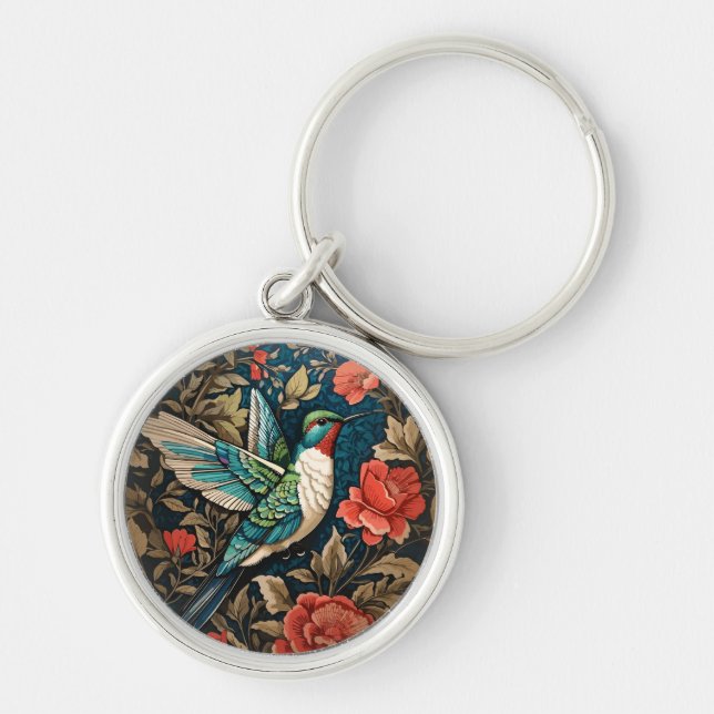 Elegant Flying Hummingbird William Morris Inspired Keychain (Front)