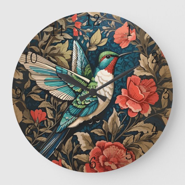 Elegant Flying Hummingbird William Morris Inspired Large Clock (Front)
