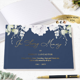 Elegant Foil In Loving Memory White Floral Funeral Guest Book