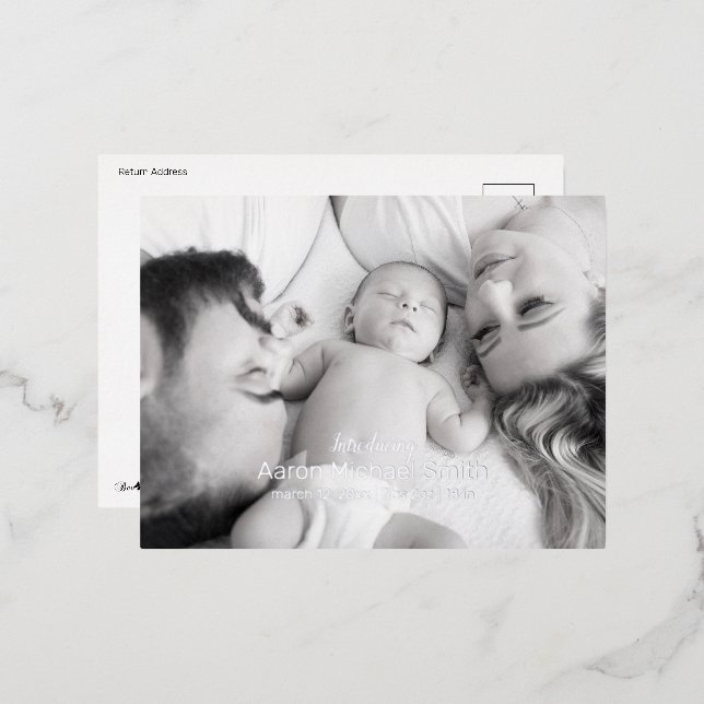 Elegant Foil Script Black & White Birth Postcard (Front/Back)