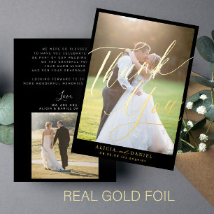 Elegant foil script photo wedding thank you card