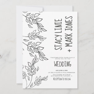 Elegant Foilage Hand Drawn Black Script Wedding Invitation