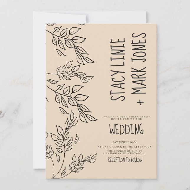Elegant Foilage Hand Drawn Fancy Script Wedding Invitation (Front)