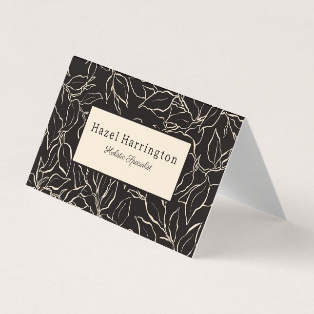Elegant Folded Business Card Black White Botanical (Front)