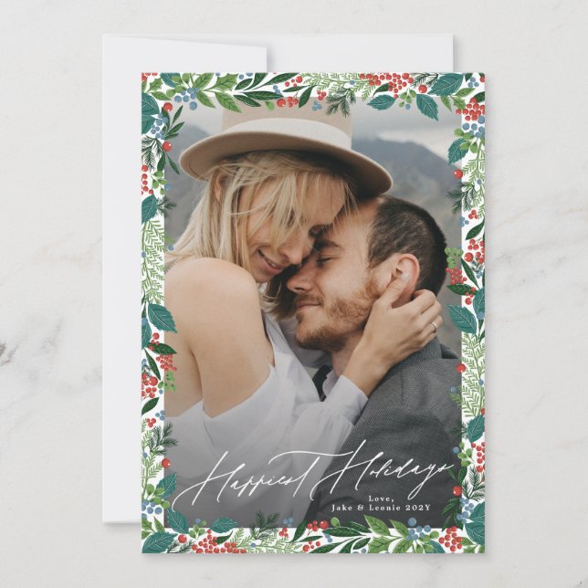 elegant foliage christmas frame HAPPIEST HOLIDAYS Holiday Card (Front)