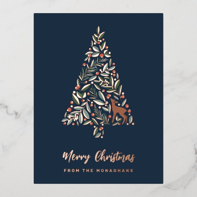 Elegant Foliage Christmas Tree | Little Deer   Foil Holiday Postcard (Front)