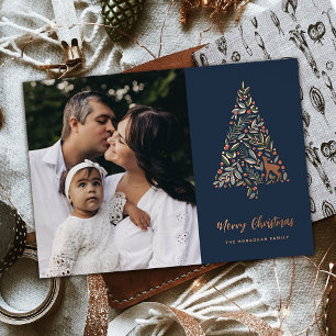 Elegant Foliage Christmas Tree Navy Photo Foil Holiday Card