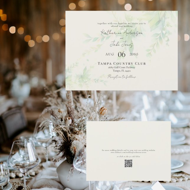 Elegant Foliage Cream QR Code Horizontal Wedding  Invitation (Creator Uploaded)