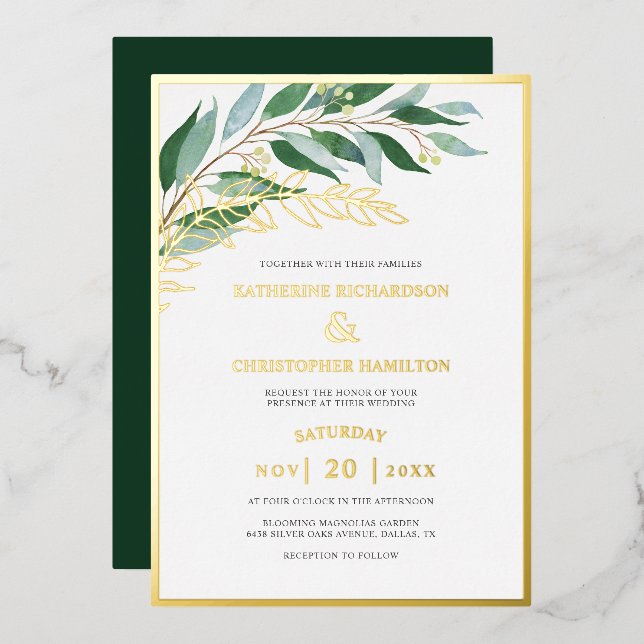 Elegant Foliage Forest Green Gold Leaf Wedding (Front/Back)