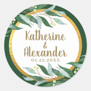 Elegant Foliage Gold Leaf Green Wedding Monogram Classic Round Sticker