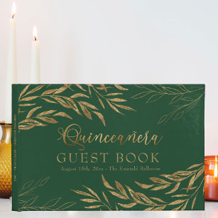 Elegant Foliage Green and Gold Quinceanera Guest Book