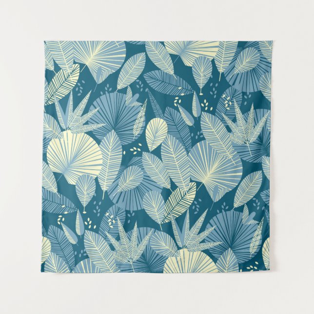 Elegant Foliage: Grey-Blue Tropical Pattern. Tapestry (Front)